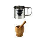 Kitchen Design Lab Paslanmaz Çelik Un Eleği ve Doğal Bambu Ahşap Sarımsak Ezeceği Havan Orta Boy Seti