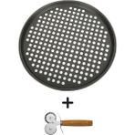 Kitchen Design Lab Paslanmaz Karbon Çelik, Delikli, Yanmaz 32 cm Büyük Boy Pizza ve Lahmacun Tepsisi ve Pizza Ruleti