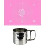 Kitchen Design Lab Pembe 1. Sınıf Kaliteli Silikon Ölçülü Çok Amaçlı Hamur Açma Matı 45 cm x 65 cm ve Çelik Un Eleği - Antrasit