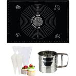 Kitchen Design Lab Siyah 45X65 cm Silikon Hamur Açma Matı, Çelik Un Eleği ve Kullan At Krema Sıkma Torbası Seti - Antrasit