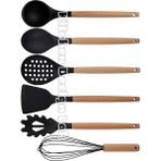 Kitchen Design Lab Siyah Bambu Saplı Silikon Servis Seti 6 Adet, Kepçe, Kaşık, Kevgir, Makarna, Açılı Spatula, Çırpıcı - Koyu Siyah