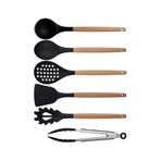 Kitchen Design Lab Siyah Bambu Silikon 6'lı Mutfak Seti, Kepçe, Kaşık, Kevgir, Makarna Kaşığı, Açılı Spatula, Metal Maşa