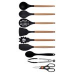 Kitchen Design Lab Siyah Bambu Silikon 9'lu Mutfak Seti, Kepçe, Kaşık, Kevgir, Makarna Sunumu, Spatula, Makas, Metal Maşa