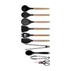 Kitchen Design Lab Siyah Bambu Silikon - Kepçe, Kaşık, Kevgir, Makarna, 2 Spatula, 2 Maşa, Silikon Kaşık, Makas Set