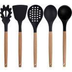 Kitchen Design Lab Siyah Bambu Silikon - Kepçe, Kaşık, Kevgir, Makarna, 2 Spatula, Silikon Maşa, Makas, Çırpıcı, 9 Adet