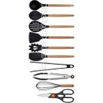 Kitchen Design Lab Siyah Bambu Silikon - Kepçe, Kaşık, Kevgir, Makarna, 2 Spatula, Silikon Metal Maşa, Makas, Çırpıcı - Koyu Siyah