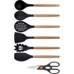 Kitchen Design Lab Siyah Bambu Silikon - Kepçe, Kaşık, Kevgir, Makarna, Açılı - Düz Spatula, Makas 7 li Set - Koyu Siyah