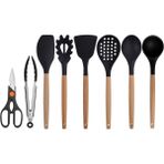 Kitchen Design Lab Siyah Bambu Silikon - Kepçe, Kaşık, Kevgir, Makarna, Açılı - Düz Spatula, Metal Maşa, Makas 8 li Set - Koyu Siyah