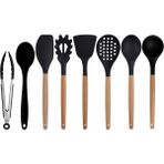 Kitchen Design Lab Siyah Bambu Silikon - Kepçe, Kaşık, Kevgir, Makarna, Açılı - Düz Spatula, Metal Maşa, Silikon Kaşık 8 li Set - Koyu Siyah
