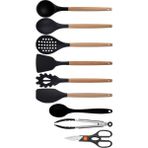 Kitchen Design Lab Siyah Bambu Silikon - Kepçe, Kaşık, Kevgir, Makarna, Açılı - Düz Spatula, Metal Maşa, Silikon Kaşık, Makas 9 lu Set - Koyu Siyah