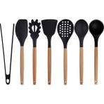 Kitchen Design Lab Siyah Bambu Silikon - Kepçe, Kaşık, Kevgir, Makarna, Açılı - Düz Spatula, Silikon Maşa 7 li Set - Koyu Siyah