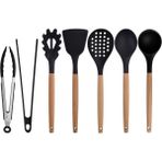 Kitchen Design Lab Siyah Bambu Silikon - Kepçe, Kaşık, Kevgir, Makarna, Açılı Spatula, Silikon - Metal Maşa 7 li Set - Koyu Siyah
