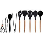 Kitchen Design Lab Siyah Bambu Silikon - Kepçe, Kaşık, Kevgir, Makarna, Açılı Spatula, Silikon - Metal Maşa, Silikon Kaşık, Makas 9 lu Set - Koyu Siyah