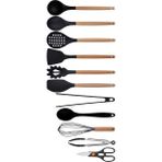 Kitchen Design Lab Siyah Bambu Silikon - Kepçe, Kaşık, Kevgir, Makarna, Çırpıcı, Açılı - Düz Spatula, Silikon - Metal Maşa, Silikon Kaşık, Makas 11 li Set
