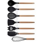 Kitchen Design Lab Siyah Bambu Silikon Servis Set - Kepçe, Kaşık, Kevgir, Makarna, Açılı Düz Spatula, Çırpıcı 7 Adet - Koyu Siyah