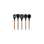 Kitchen Design Lab Siyah Bambu Silikon Servis Seti Kepçe Kaşık Kevgir Makarna 2 Spatula Silikon Metal Maşa Çırpıcı 9 Adet