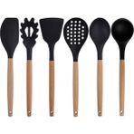 Kitchen Design Lab Siyah Bambu Silikon Set - Kepçe, Kaşık, Kevgir, Makarna, Açılı - Düz Spatula 6 lı Set - Koyu Siyah