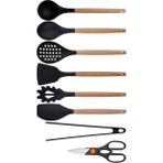 Kitchen Design Lab Siyah Bambu Silikon Set - Kepçe, Kaşık, Kevgir, Makarna, Açılı - Düz Spatula, Silikon Maşa, Makas 8 li Set - Koyu Siyah