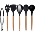 Kitchen Design Lab Siyah Bambu Silikon Set - Kepçe, Kaşık, Kevgir, Makarna, Açılı Spatula, Metal Maşa 6 lı Set