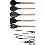 Kitchen Design Lab Siyah Bambu Silikon Set - Kepçe, Kaşık, Kevgir, Makarna, Açılı Spatula, Metal - Silikon Maşa, Makas 8 li Set - Koyu Siyah