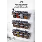 Kitchen Life 12'li Etiketli Standlı Kilitli Kaşıklı Kendinden Yapışkanlı Kare Baharatlık Takımı - Erzak Kabı Seti Siyah