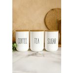 Kitchen Life 3'Lü Vakumlu Bambu Kapaklı Beyaz Tea Coffee Sugar Kavanoz Seti 1000 Ml - Çay,Şeker,Kahve Kavanozu