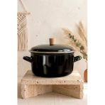 Kitchen Life Terra Cook Ahşap Kulplu,Paslanmaz Saplı Siyah Süzgeçli Emaye Kızartma Tenceresi 22 Cm Siyah