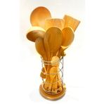 Kitchen Mania 10 parça bambu ahşap kaşık tahta spatula servis kepçe seti-metal standlı