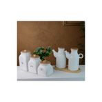 Kitchen Pembelia 2’li 6 Parça Bambu Standlı Çizgili Porselen Yağdanlık Ve 3'lu Çay Şeker Tuz Kavanoz Set