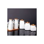 Kitchen Pembelia 2’li Set 6 Parça Bambu Standlı Çizgili Porselen 1000ml Yağdanlık Ve 3’lu Kavanoz Saklama Seti