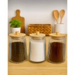 Kitchen Pembelia 3’lü Bambu Cakum Kapaklı Cam 1800 cc Çay Şeker Kahve Tuz Kavanoz Seti Bakliyat Kavanozu