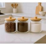 Kitchen Pembelia 3’lü Bambu Vakum Kapaklı 800 ml Çay Şeker Kahve Tuz Saklama Kavanozu Seti Kavanoz Takımı