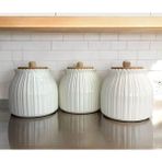 Kitchen Pembelia 3'lü Papatya Desenli Bambu Kapaklı Porselen Çay,şeker,tuz,kahve Saklama Kabı Kavanoz Seti