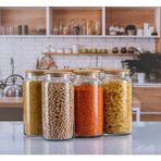 Kitchen Pembelia 6 Adet 1300 cc Bambu Kapaklı Cam Bakliyat Çay Şeker Kahve Kavanoz Seti