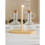 Kitchen Pembelia Bambu Standlı 2’li Cam Yağdanlık Set Yağlık,sirkelik