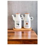 Kitchen Pembelia Bambu Standlı Etiketli Çizgili 2’li Porselen 1000 ml Yağdanlık Seti Yağlık Takımı