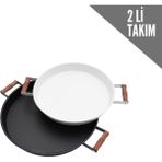 Kitchen Trend 2'li Ahşap Kulplu 37 cm Siyah ve 30 cm Beyaz Tepsi Çay Kahve Sunum Tepsisi - Siyah - Beyaz