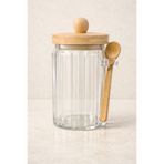 Kitchen Way Bambu Contalı Kaşıklı Çizgili Cam 750ml Kavanoz Doğal Ahşap Kapaklı Saklama Kavanozu KW-758