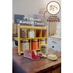 Kitchen Way Bambu Standlı Conta Kapaklı 500ML-200ML Cam Baharatlık Set 7 Li Kavanoz Erzak Saklama Seti KW-383