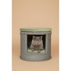 Kittyhome El Işçiliği Premium Rattan Kedi Evi Ve Puf (Gri & Su Yeşili)