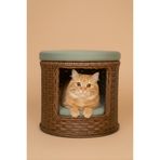 Kittyhome El Işçiliği Premium Rattan Kedi Evi Ve Puf (Kahve & Su Yeşili)