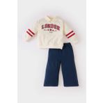 Kız Bebek 2'li Takım Polo Yaka Baskılı Sweatshirt Beli Lastikli Geniş Bol Paça Eşofman Altı