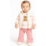 Kız Bebek 3’lü Takım Yelekli Teddy Nakışlı Sweatshirt ve Fiyonklu Pantolon Lila (9-12-18-24 Ay) 10695P - Pembe - 9 Ay