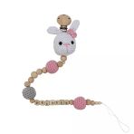 Kız Bebek Amigurumi Beyaz Pembe Tavşanlı Organik Ahşap Boncuklu İsimli İsme Özel Emzik Askısı