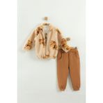 Kız Bebek Ayı Desen Peluş 3'lü Peluş Eşofman Takım (9-12-18 Ay) - Bej - 9 Ay