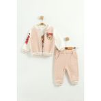 Kız Bebek Baskılı 3'lü Eşofman Takımı (Sweatshirt, Pantolon, Ceket ) (9-12-18 Ay) - Bej