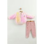 Kız Bebek Baskılı 3'lü Eşofman Takımı (Sweatshirt, Pantolon, Ceket) (9-12-18 Ay) - Gülkurusu - 12 Ay