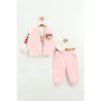 Kız Bebek Baskılı 3'lü Eşofman Takımı (Sweatshirt, Pantolon, Ceket) (9-12-18 Ay) - Pembe - 9 Ay