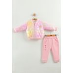 Kız Bebek Baskılı 3'lü Eşofman Takımı (Sweatshirt, Pantolon, Ceket) (9-12-18 Ay) - Pembe