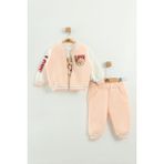 Kız Bebek Baskılı 3'lü Eşofman Takımı (Sweatshirt, Pantolon, Ceket ) (9-12-18 Ay) - Pudra